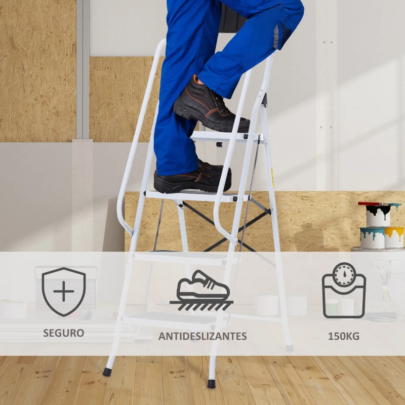 HOMCOM Escalera Plegable de 4 Peldaños Escalera de Tijera con Apoyabrazos y Portaherramientas 50x83x155 cm Blanco y Negro