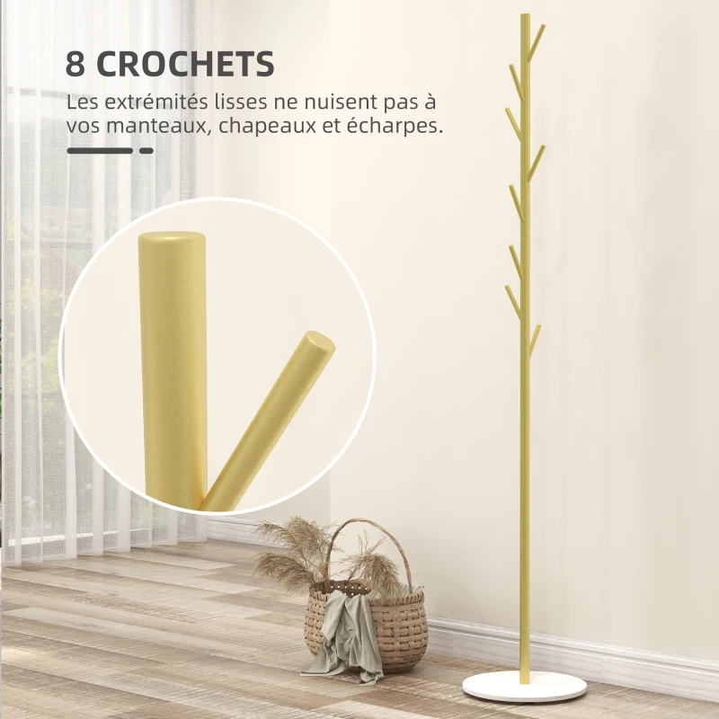 HOMCOM Portemanteau 8 patères, base ronde en marbre, Ø 32 x 164H cm, meuble d'entrée pour vêtements, chapeaux, entrée, doré