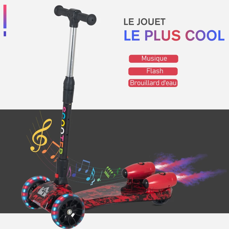 HOMCOM Trottinette Pliable 3 Roues pour Enfant Roues Lumineuses pulvérisation arrière d'eau Fonction Musicale Rouge dim. 61L x 26l x 63-81H cm