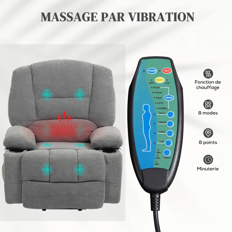 HOMCOM Fauteuil releveur relax électrique, fonction massage et chaleur, inclinaison réglable, repose-pied, télécommandes, gris