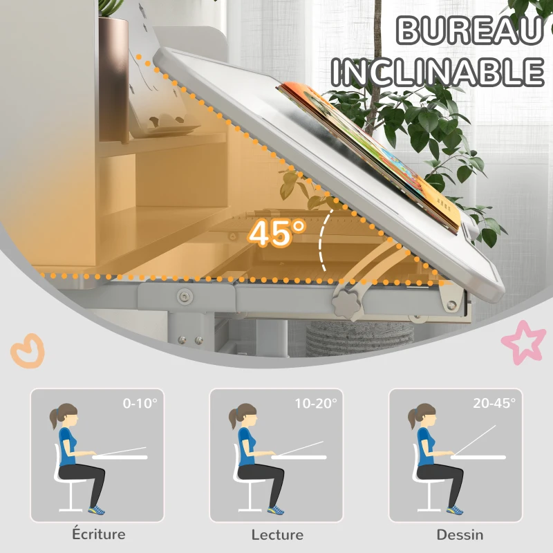 ZONEKIZ Bureau enfant avec chaise, hauteur réglable, étagère, tablette coulissante multi-rangement, gris blanc