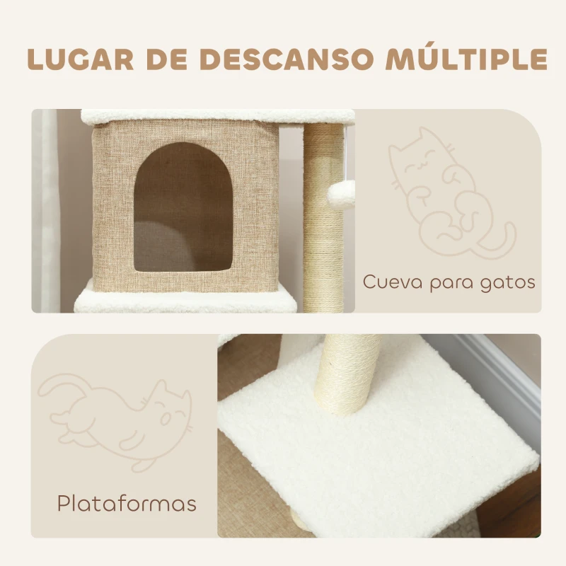 PawHut Árbol Rascador para Gatos de Borreguito de 140 cm con 2 Cuevas Plataformas Bolas Colgantes y Poste de Sisal Marrón Claro