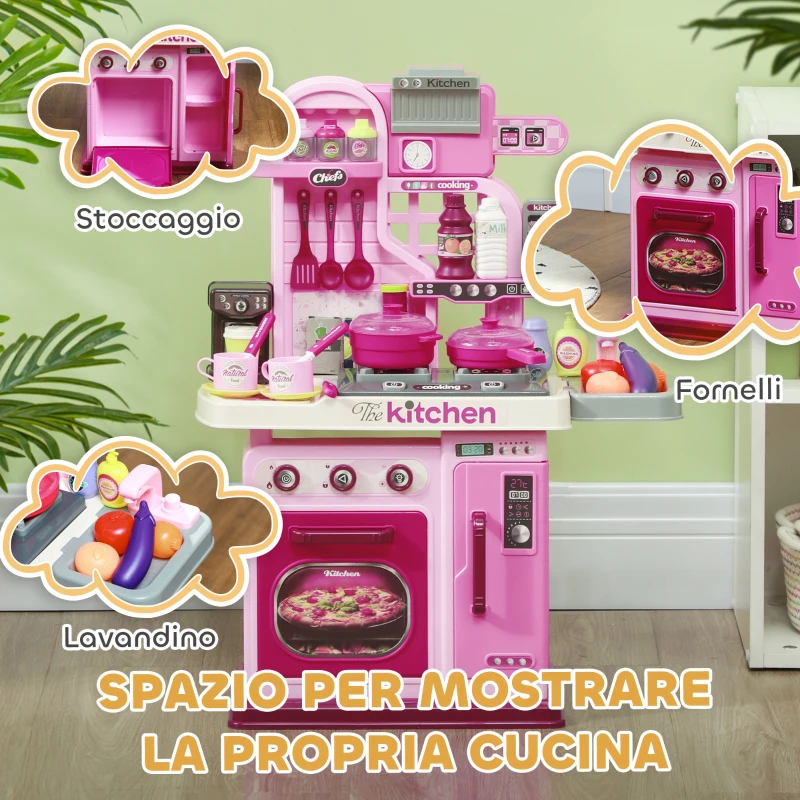 AIYAPLAY Cucina Giocattolo per Bambini da 33 Pezzi con Luci, Suoni e Rubinetto, in PP e ABS, 53x22x69 cm, Rosa