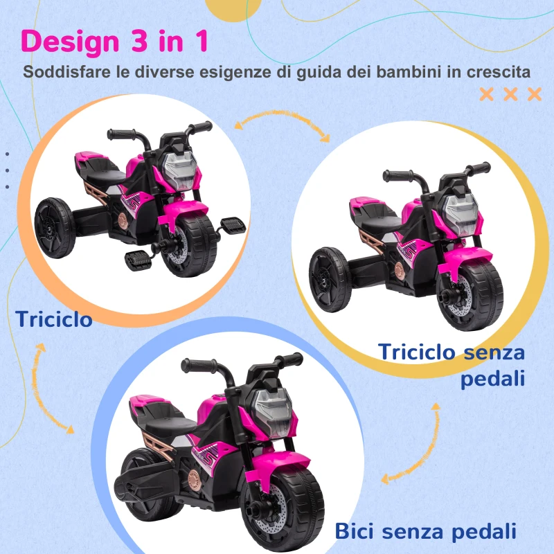 AIYAPLAY Triciclo per Bambini 18-36 Mesi 3 in 1 con Fari, Musica e Clacson, in PP e Acciaio, 75x43x47 cm, Rosa