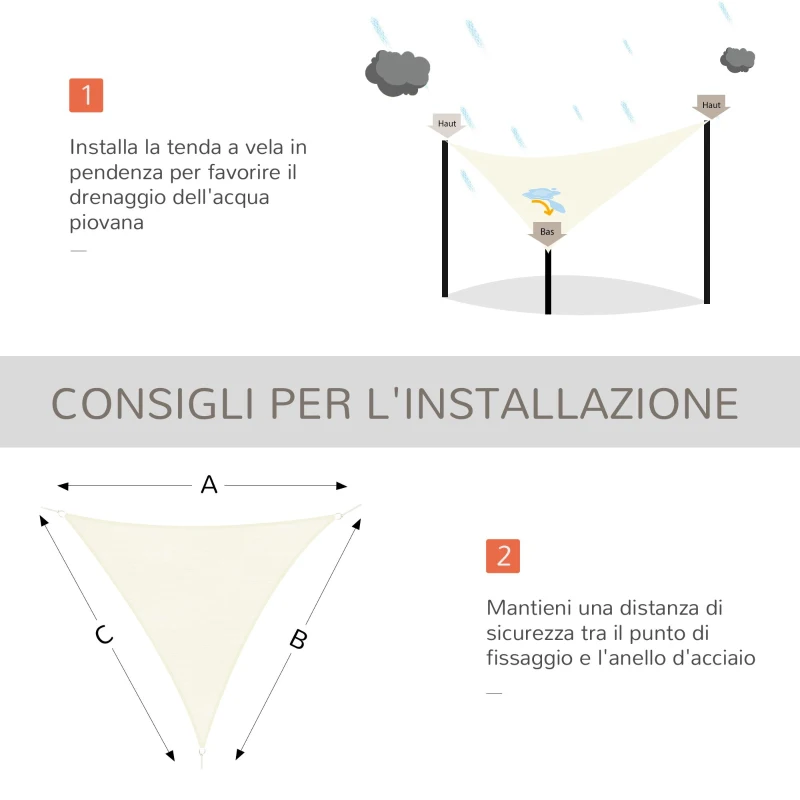 Outsunny Tenda a Vela Triangolare Parasole in HDPE per Spazi Esterni, 3x3x3 m, Crema Bianco Avorio