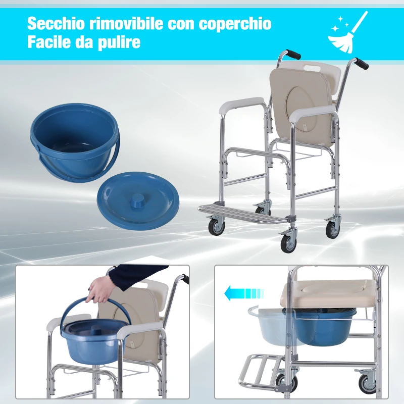HOMCOM Sedia a Rotelle Impermeabile con WC Seduta in Ecopelle, 4 Ruote, Vaso Rimovibile per Anziani/Disabili, 84x54x96cm
