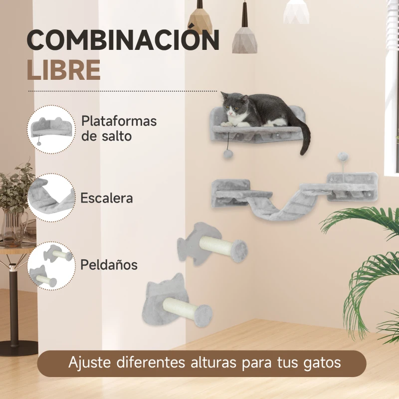 PawHut Rascador de Pared para Gatos con 2 Postes de Sisal Plataforma Doble con Escalera Suave y 1 Plataforma para Saltar Beige