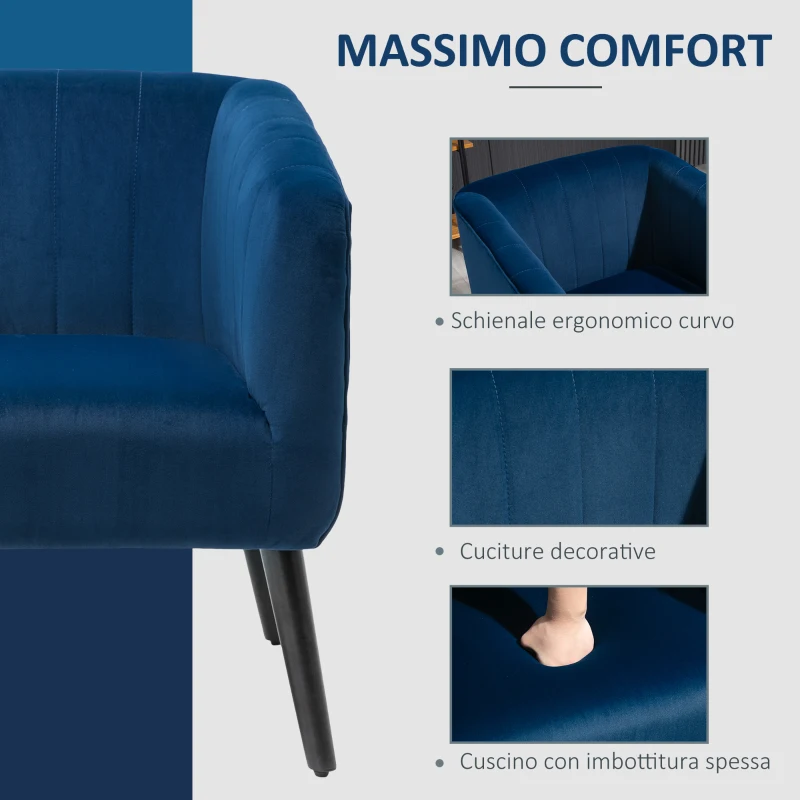 HOMCOM Poltroncina Moderna Sedia Imbottita Stile Nordico, Rivestimento in Velluto e Gambe in Legno, Blu, 70.5x70x76cm