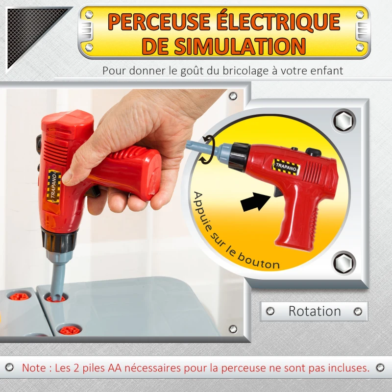 HOMCOM Etabli et Outils pour Enfant - Jeu d'imitation Bricolage - Nombreux Accessoires Plus de 79 pièces & Outils variés - PP Noir Gris