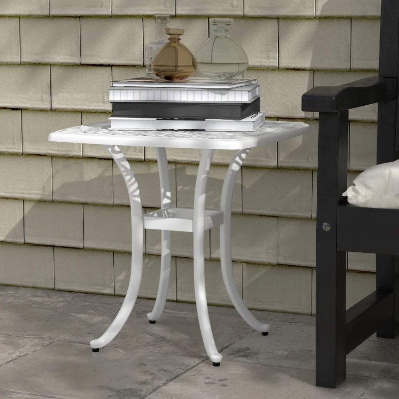Outsunny Cast Aluminium Bistro Table, Outdoor Square Side Table with Umbrella Hole, Garden Table for Balcony, White