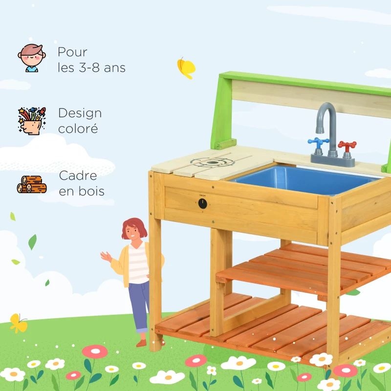 Outsunny Cuisine extérieure cuisine enfant en bois jeu d'imiation avec étagères évier et robinet 58 x 39 x 73 cm multicolore