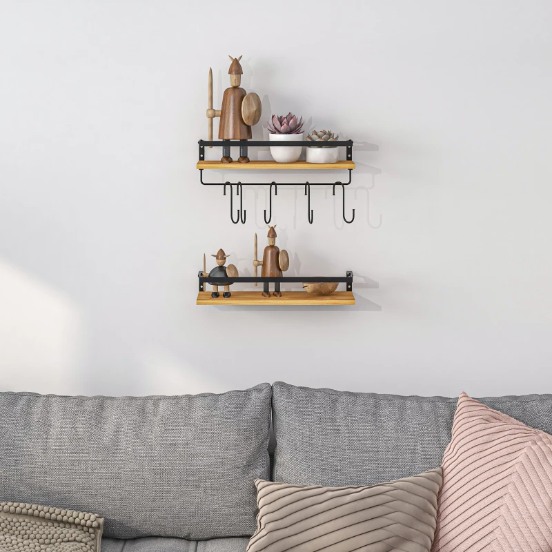 HOMCOM Lot de 2 étagères murales avec 6 crochets amovibles et tringle, style industriel pour cuisine, salle de bain, bois acier
