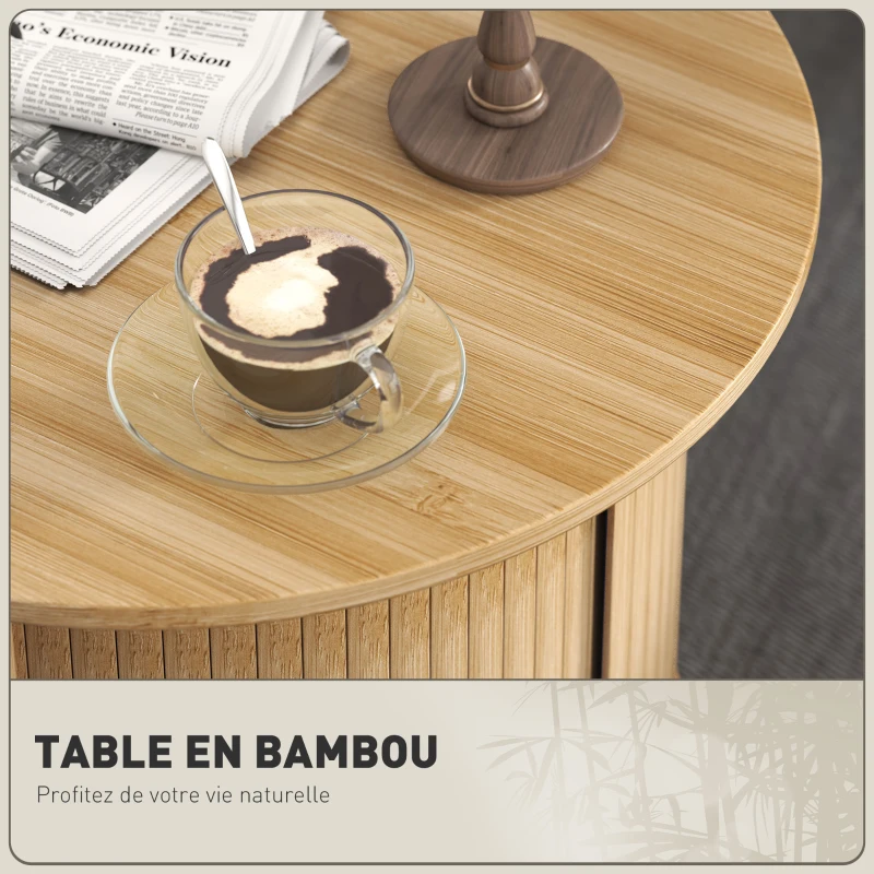 HOMCOM Table basse ronde table de salon en bambou avec rangement caché et porte coulissante, dim. Ø 60 x 45H cm, bois naturel(m-4)