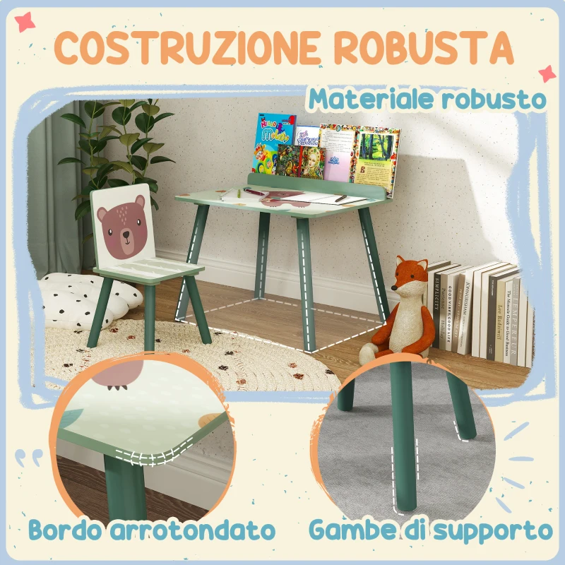 AIYAPLAY Set Sedia e Tavolino per Bambini con Ripiano Portaoggetti, in MDF e Legno di Pino, Verde