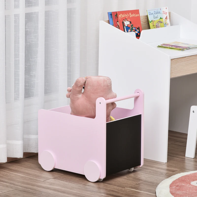 HOMCOM Carrello Porta Giochi per Bambini con 2 Lavagne per Disegnare, Impugnatura e Ruote, Legno MDF, 47x35x45.5cm, Rosa