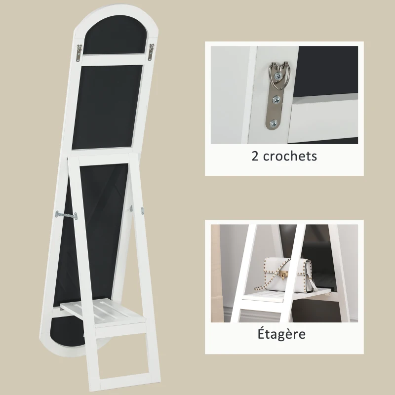 HOMCOM Miroir complet arqué 35 x 150 cm avec étagère, montage mural ou sur pied pour salle de bain, chambre à coucher, blanc
