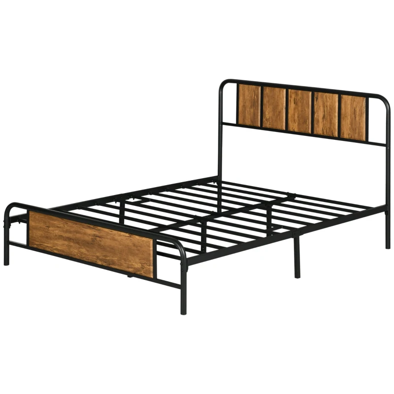 HOMCOM 4.8ft Double Bed Frame with Industrial Wood Headboard, Steel Slat Support and 25.5cm Underbed Storage Space, 145 x 199cm, Rustic Brown