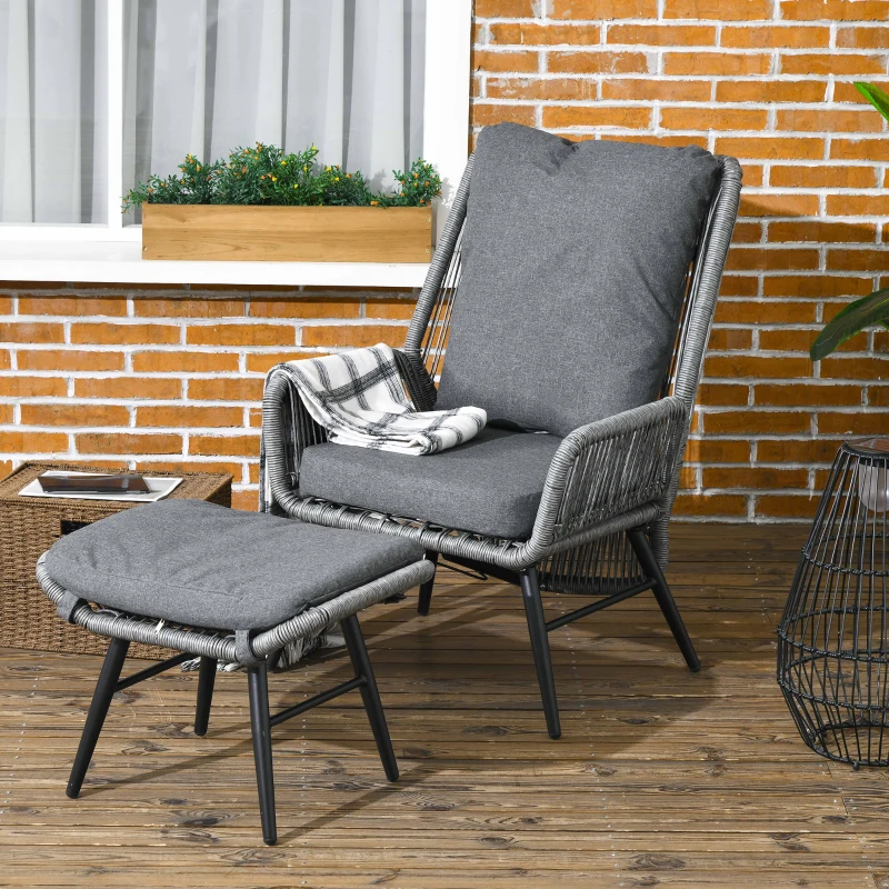 Outsunny String Rattan Armchair and Footstool Set, with Cushions - Grey