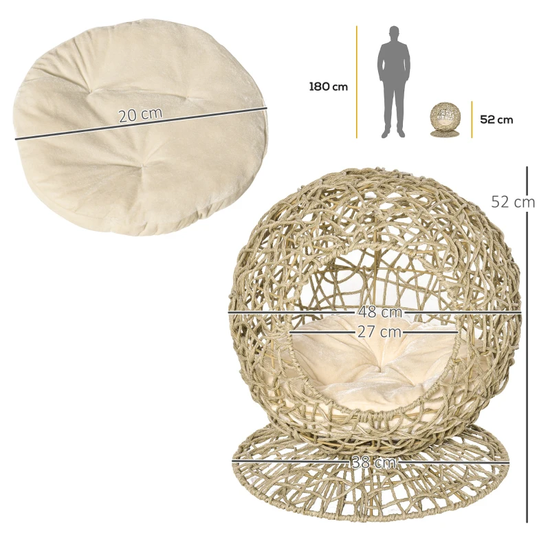 PawHut Wicker Cat Bed Elevated Rattan Kitten Basket Pet Den. House Cozy Cave with Soft Cushion Φ48 x 52cm Brown