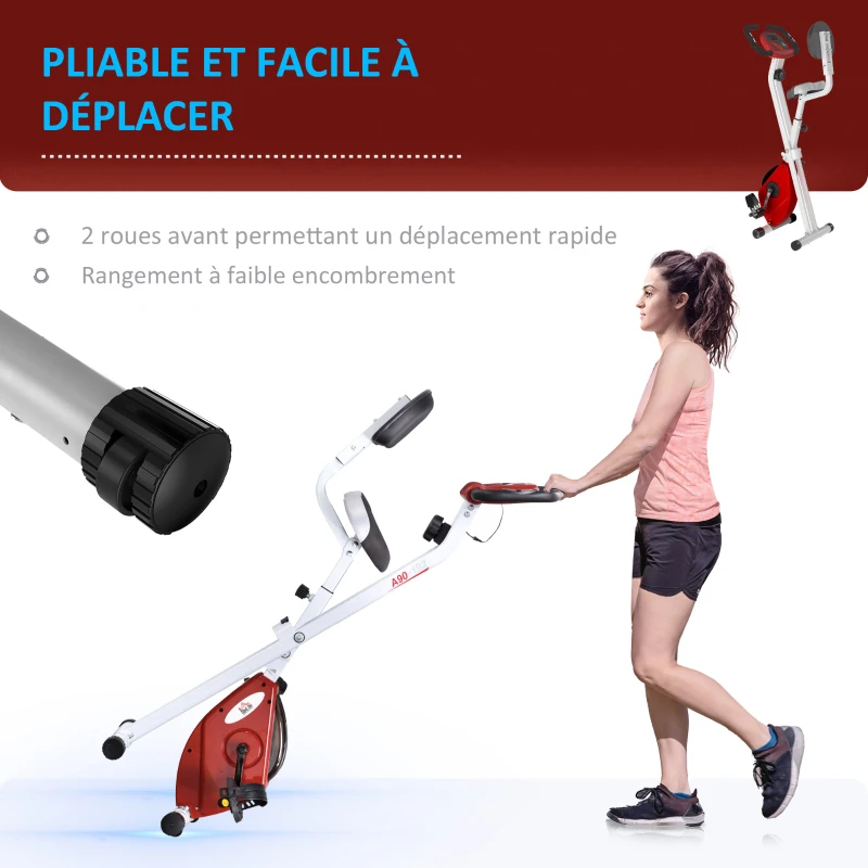 HOMCOM Vélo d'appartement pliable vélo de fitness vélo d'intérieur 8 niveaux de résistance magnétique avec dossier selle réglable écran LCD multifonction capteur fréquence cardiaque rouge
