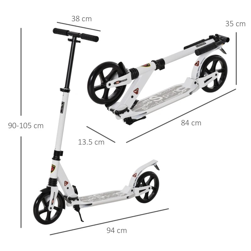 HOMCOM Monopattino Scooter Pieghevole con Serratura Rinforzata Regolabile per Adulti e Bambini in Alluminio 94 x 38 x 90-105 cm Bianco