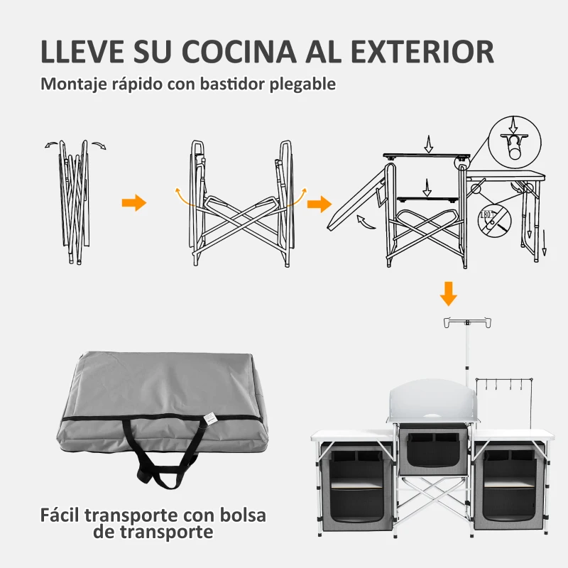 Outsunny Mueble de Cocina para Camping Plegable con 3 Mesas 4 Ganchos Poste de Luz y Bolsa de Transporte 172x48x119 cm Gris(m-6)