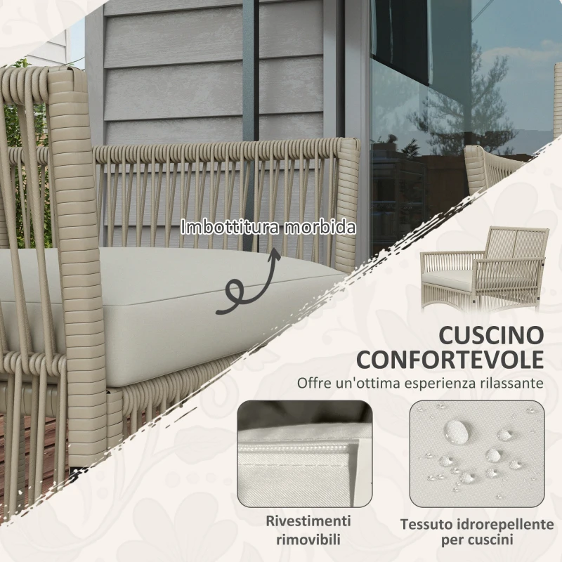 Outsunny Set da Giardino in Rattan da 4 Pezzi con 2 Poltroncine, Divano e Tavolino da Caffè, Kaki e Nero