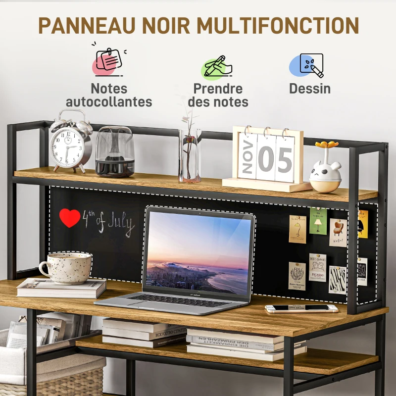 HOMCOM Bureau avec rangement bureau informatique bureau d'ordinateur avec 4 étagères, grand plateau et panneau noir, marron