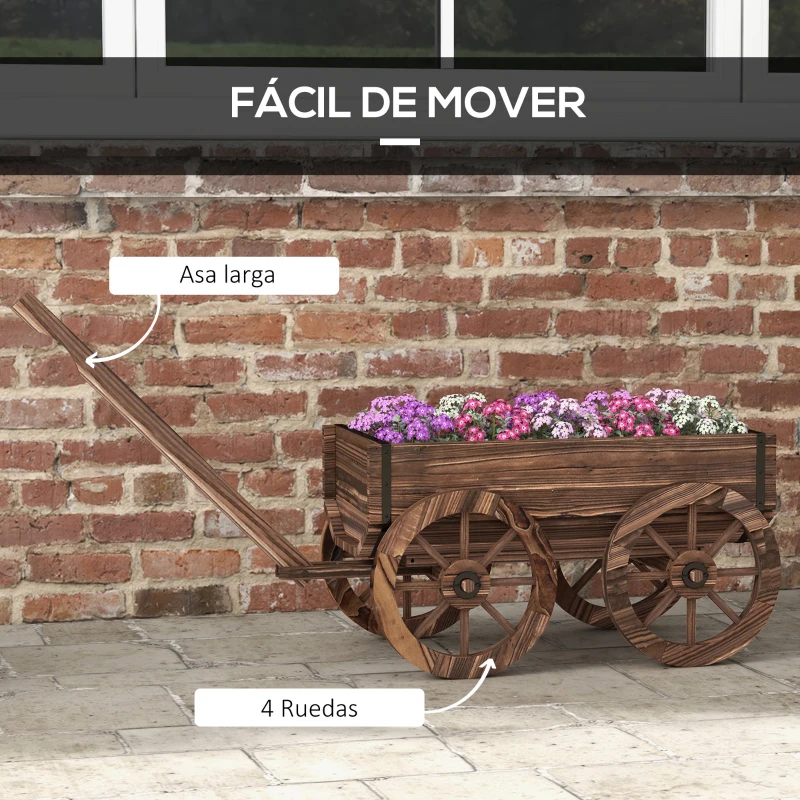 Outsunny Jardinera de Madera Exterior en Forma de Carrito con 4 Ruedas y Mango para Balcón Jardín Patio 120x41x54 cm Carbonizado