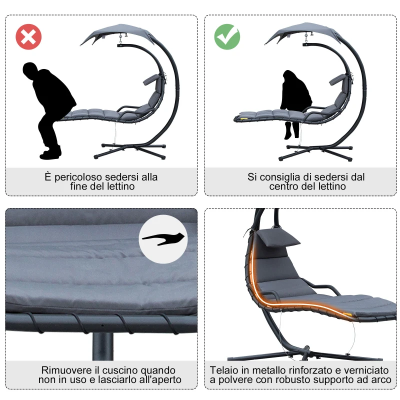 Outsunny Poltrona Sospesa da Giardino con Tettuccio Orientabile a Protezione UV, Sedia a Dondolo Sospesa Imbottito per Esterno, Grigio Scuro 190x115x190 cm