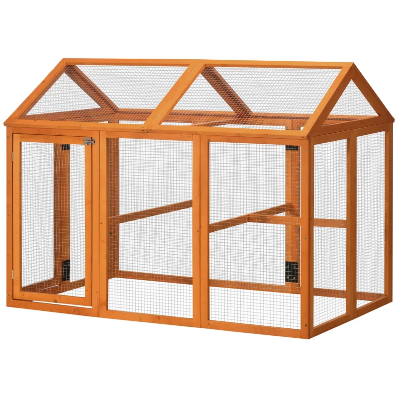 PawHut Gabbia per Galline in Legno con Porte Multiple e Rete in Metallo, 140x88.5x106cm, Arancione