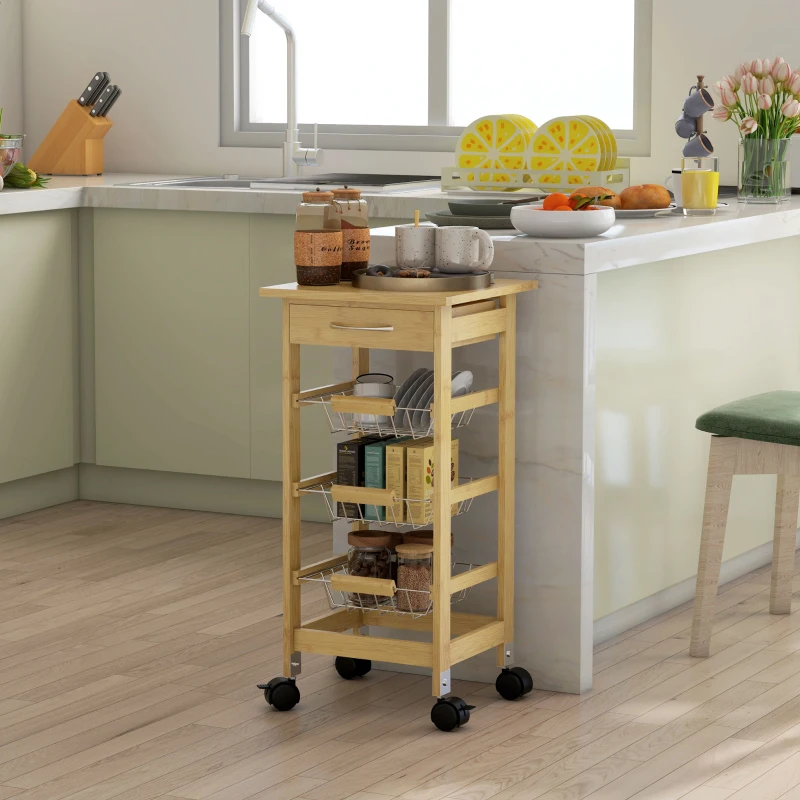 HOMCOM Carrello Cucina con Ruote, Cassetto e 3 Cestini a Rete Metallica, 37x37x76cm, Colore Legno
