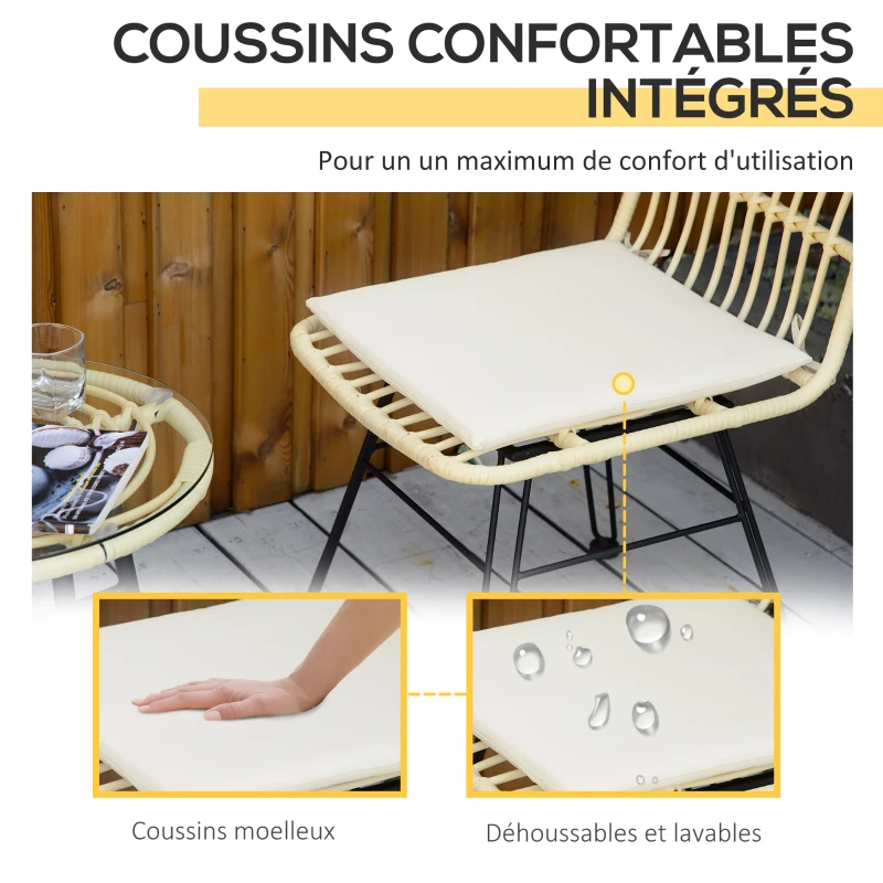 Outsunny Ensemble bistro de jardin 3 pièces 2 chaises + table basse ronde verre trempé 2 coussins zippés déhoussables polyester résine tressée PE métal galvanisé Ø 45 x 50 cm crème