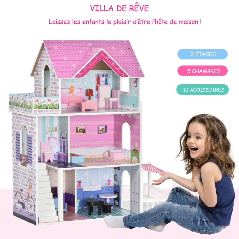 HOMCOM Maison de poupée en Bois Jeu d'imitation avec 13 Accessoires Grand réalisme Multi-équipements 3 Niveaux escalier terrasses