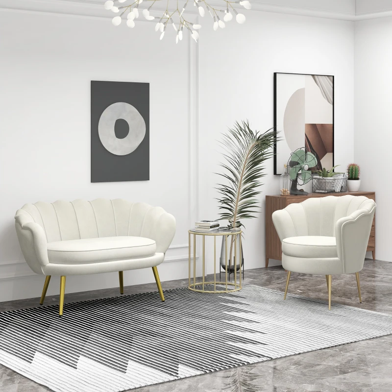 HOMCOM Fauteuil Coquillage Fauteuil Design dim. 79L x 77l x 77H cm Pieds dorés effilés Molleton Polaire Blanc