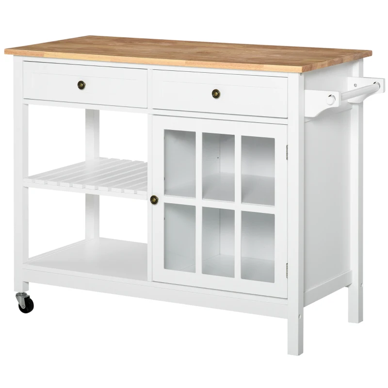HOMCOM Carrello da Cucina in Legno Portavivande e Utensili, 2 Ruote Cassetti e Mensole, Multiuso e Salvaspazio, Bianco, 116.5x48x86.5cm