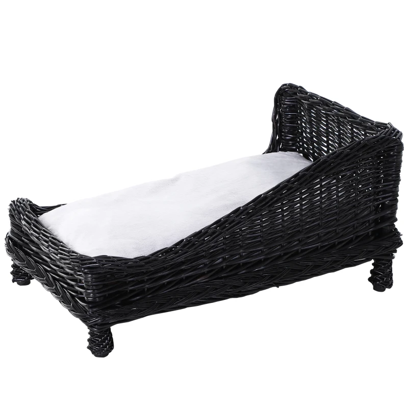 Pawhut Wicker Dog Cat Bed Kitten Lounger  Pet Bed Rattan Willow Basket Soft Cushion Lightweight 69 x 42 x 33 cm Black