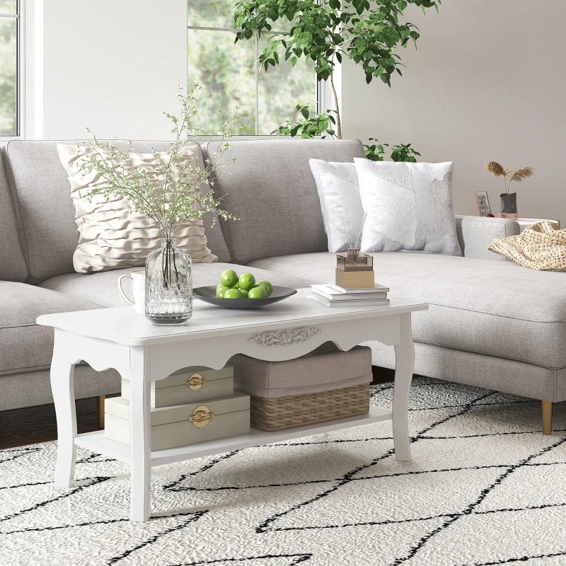 HOMCOM White Coffee Table Wood Cocktail Tea Centre Table with Storage Shelf for Living Room Reception Room, 94L x 44W x 42H cm