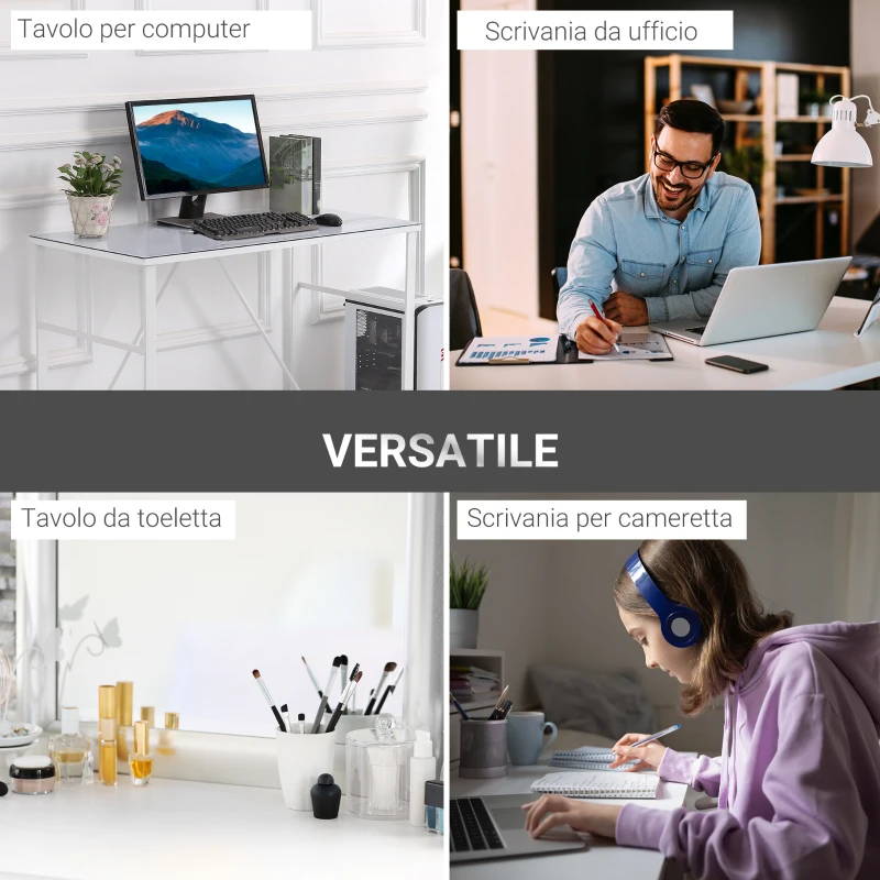 HOMCOM Scrivania da Camera per Computer, PC, Ufficio, Scrivania Moderna in Metallo Bianco e Vetro Temperato 120x60x74.5cm
