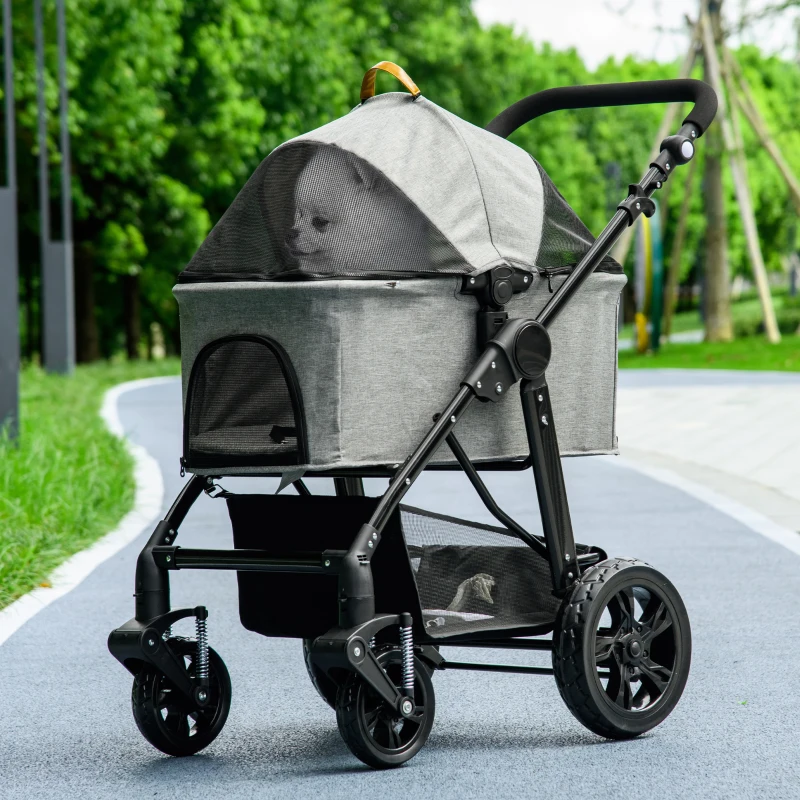 PawHut Dog Pram Pet Stroller for Small Dogs Cats, Foldable Dog Pushchair Trolley with Detachable Pet Carrier Bag, Shock Absorber, Adjustable Handlebar, Grey