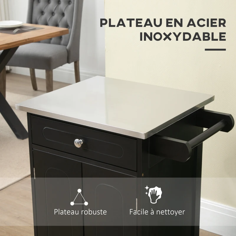 HOMCOM Chariot de service desserte de cuisine à roulettes multi-rangements 1 tiroir placard 2 portes avec étagère porte-torchons MDF noir acier inoxydable