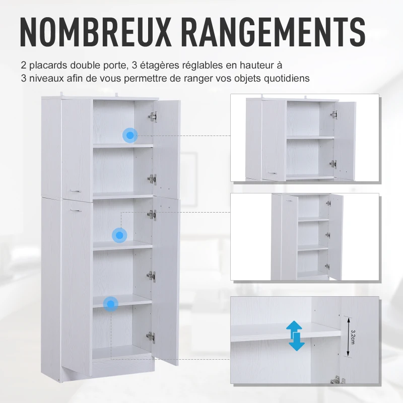 HOMCOM Armoire de rangement 2 placards double porte 3 étagères réglables 60L x 30l x 158H cm panneaux particules blanc