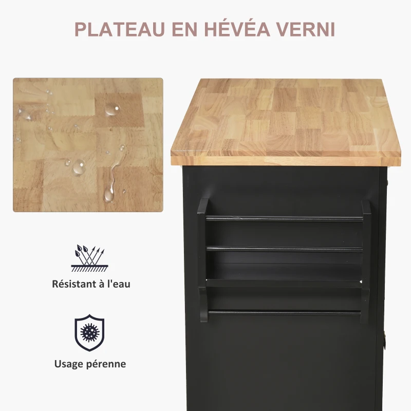 HOMCOM Desserte ilôt de cuisine multi rangements 2 tiroirs 2 placard 2 portes avec étagère range-bouteille porte-torchons et étagère réglable MDF noir hévéa