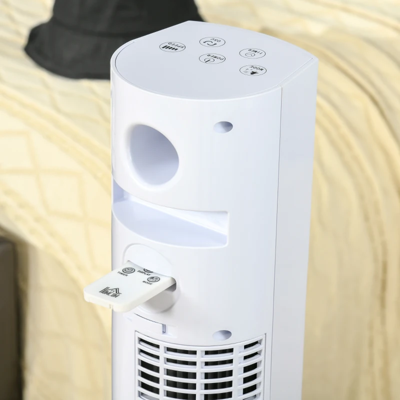 HOMCOM Ventilador de Torre Bajo Consumo 45W Silencioso con Caja de Aromas y Mando a Distancia 3 Velocidades 3 Modos Oscilación 70° Pantalla LED Táctil Temporizador 12h 31,5x31,5x96 cm Blanco