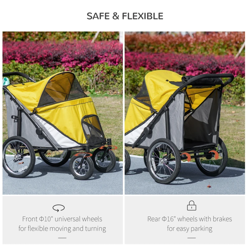 PawHut Foldable Pet Stroller, with Washable Cushion, Storage Bags, Safety Leash, for Medium, Large Dogs, Cats - Yellow