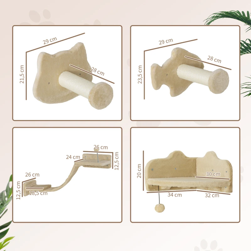 PawHut Rascador de Pared para Gatos con 2 Postes de Sisal Plataforma Doble con Escalera Suave y 1 Plataforma para Saltar Beige