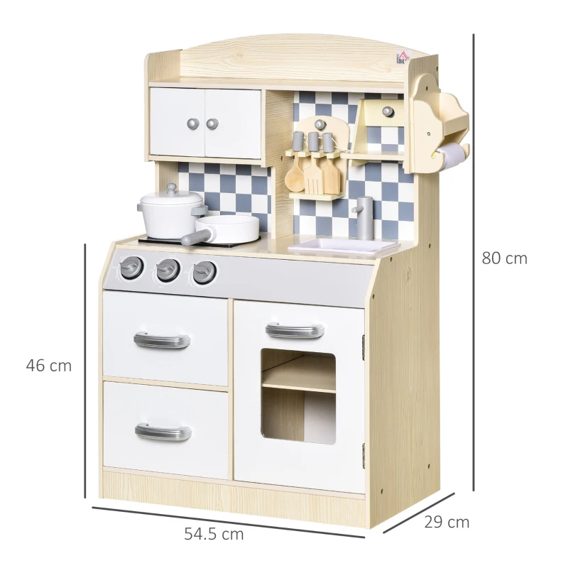HOMCOM Kids Kitchen Play Cooking Toy Set Pretend Playset, Multiple Storage w/ Sink Cooking Bench Pots Age 3-6 Years, White