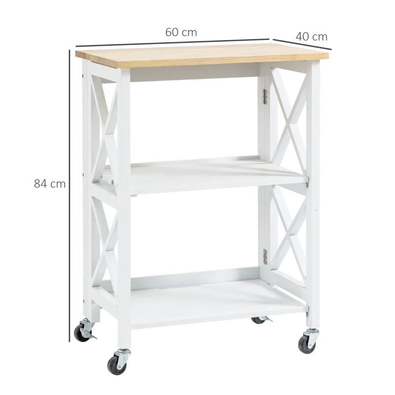 HOMCOM Chariot de service desserte de cuisine à roulettes pliante avec 2 étagères, plan de travail en bois hévéa - 60 x 40 x 84 cm - blanc