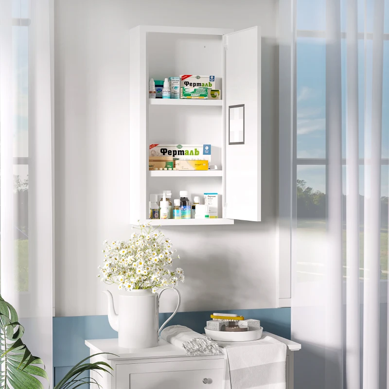 kleankin Armadietto Medicinali a 3 Ripiani con Porta Magnetica, in Acciaio, 30x12x60 cm, Bianco