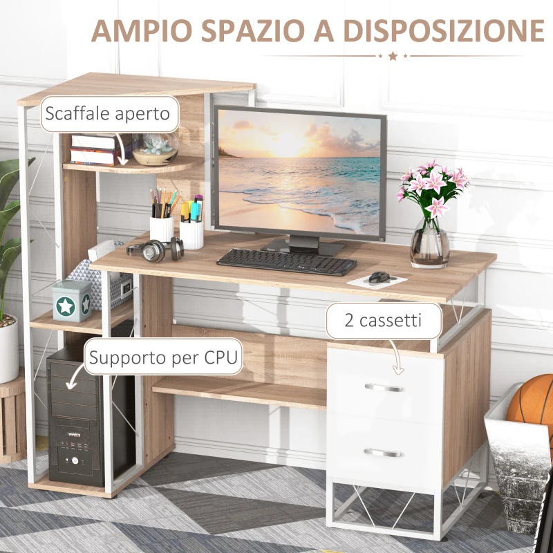HOMCOM Scrivania PC di Design Moderno con Scaffale 133 x 55 x 123cm